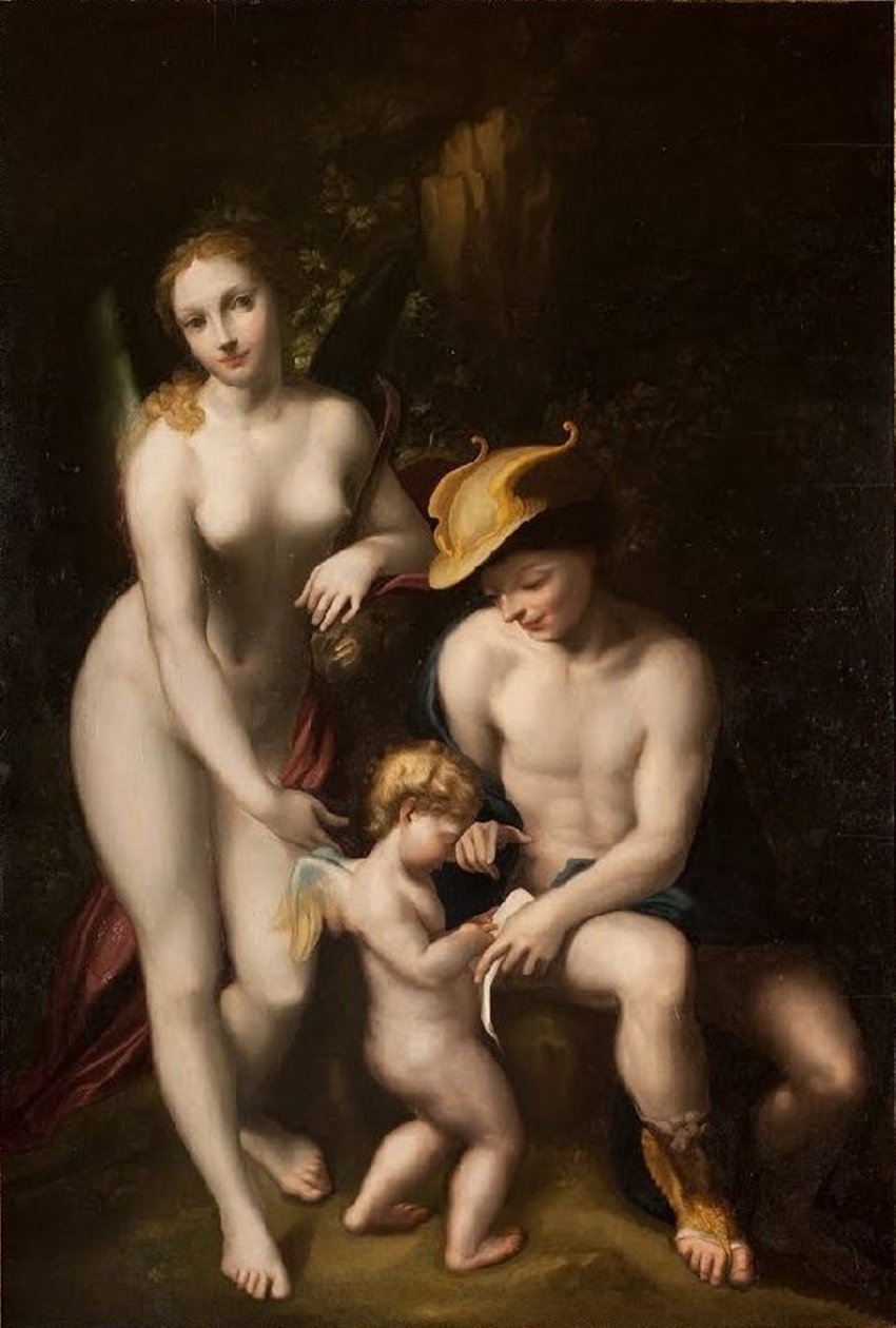 Venus Merkuriuksen ja Amorin kanssa, Rakkauden koulu, Antonio da Correggio, esillä Chenonceaun linnassa. tekijältä Antonio da Correggio