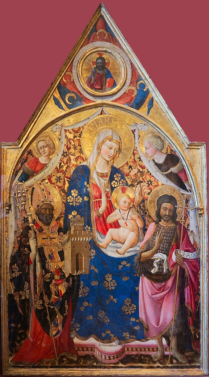 Madonna ja lapsi pyhimysten ympäröimänä


 Vaihtoehtoinen nimi(t):   Gonfalon. Oikea puoli: Johannes Kastajan ja enkelien kanssa. Yläosa - Kristus siunaa. Kääntöpuoli: Ristiinnaulitseminen Neitsyt Marian ja Pyhän Johanneksen kanssa. T tekijältä Antonio da Firenze