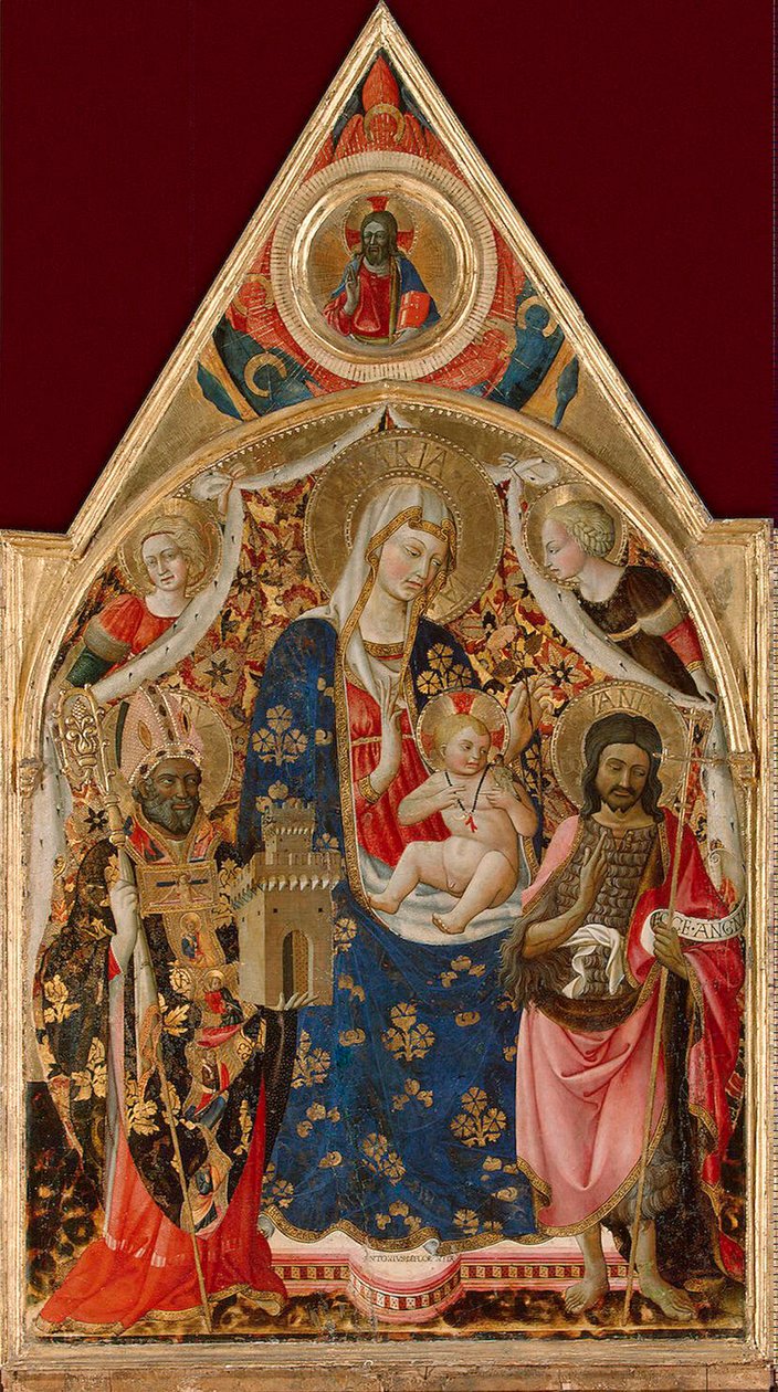 Madonna ja lapsi, piispa, Pyhä Johannes Kastaja ja enkelit, 1400-luvun alku. tekijältä Antonio da Firenze