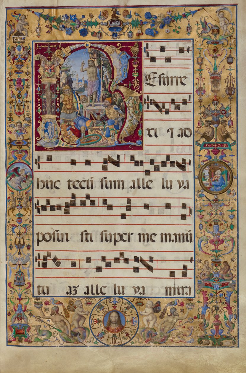 Asteittainen. Alkuteksti R: The Resurrection, n. 1500 (tempera, lehtikulta ja muste pergamentilla) tekijältä Antonio da Monza