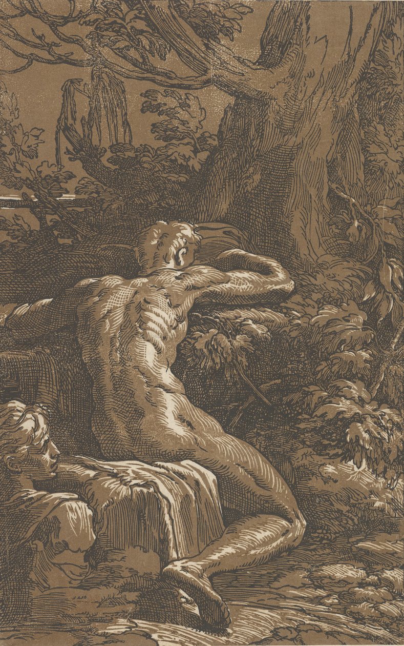 Mies istuu Narcissuksen takaa katsottuna, n. 1527-30. tekijältä Antonio da Trento