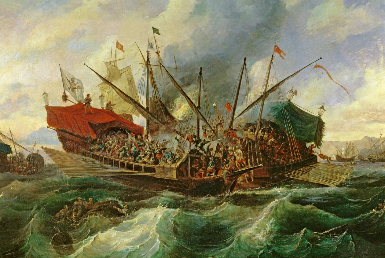 Lepanton meritaistelu Pyhän liigan ja turkkilaisten välillä vuonna 1571 (öljy kankaalle) (yksityiskohta) tekijältä Antonio de Brugada