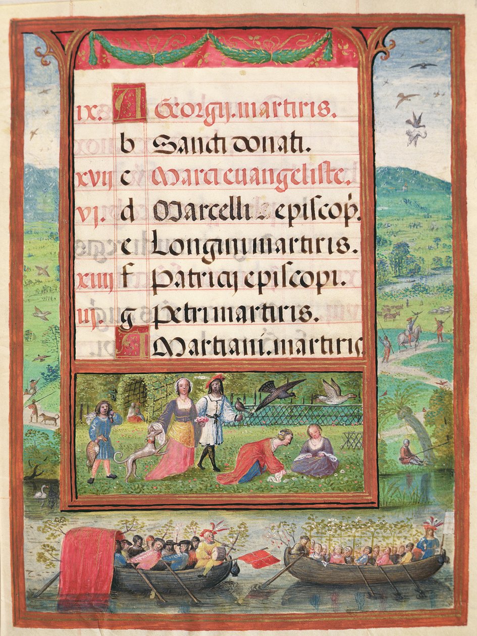 Huhtikuu, miniatyyrejä teoksesta "Dom Manuelin tuntikirja", 1517-38 (tempera vellum) tekijältä Antonio de Hollanda