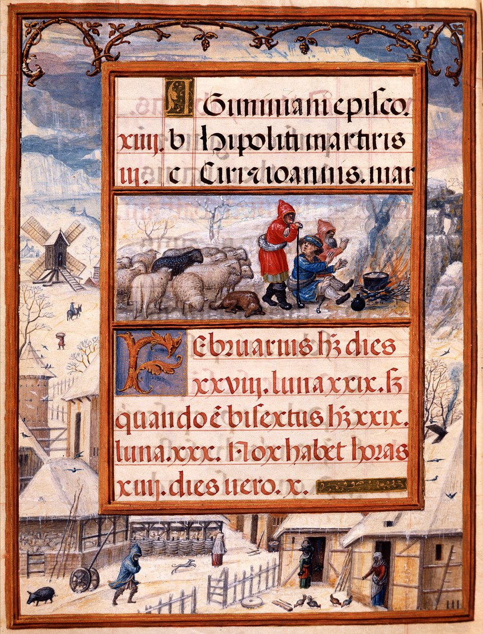 Helmikuu, miniatyyrejä Dom Manuelin tuntikirjasta, 1517-38 (tempera vellum) tekijältä Antonio de Hollanda
