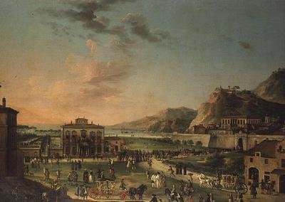 Capriccio-panoraama Kaarle III:n kahden Sisilian kuninkaan matkasta Porticin huvilasta Rooman Palazzo Farneseen tekijältä Antonio de dipi (attr. to) Joli