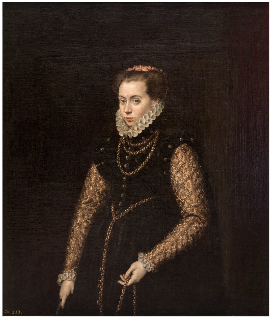Espanjaksi:  La dama de las cadenas de oro Lady with Gold Chains (nainen kultaketjujen kanssa) tekijältä Antonis Mor