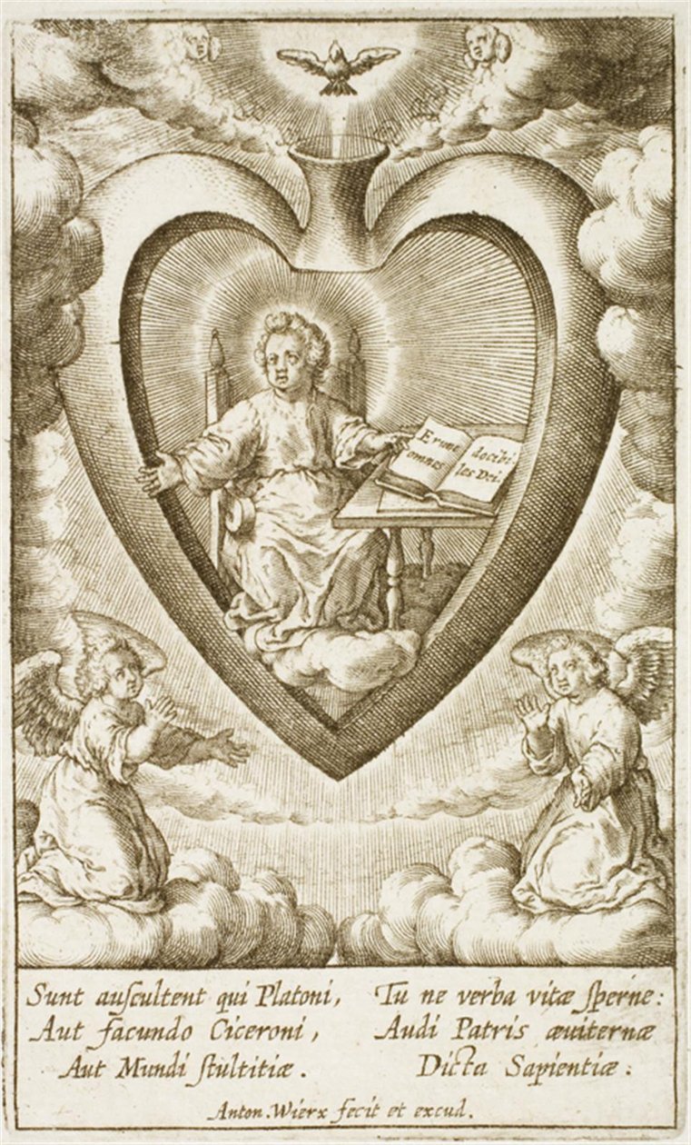 Jeesus-lapsi istui pyhässä sydämessä avoimen kirjan kanssa tekijältä Antonius Wierix (II)