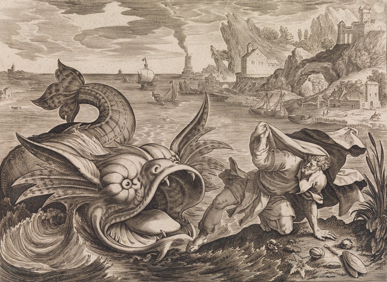 Jonah heittää rannalle kalan luona, n. 1585 tekijältä Antonius Wierix