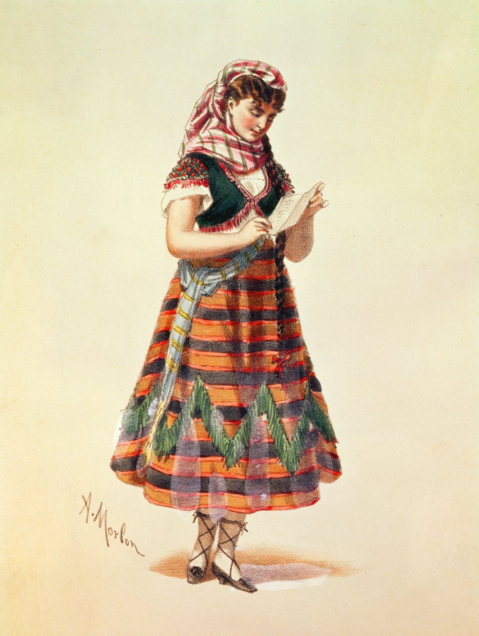 Hortense Schneider roolissaan Offenbachin operetissa "La Perichole", kuvitus teoksesta "Costumes de Theaters de Paris" tekijältä Antony Paul Emile Morlon