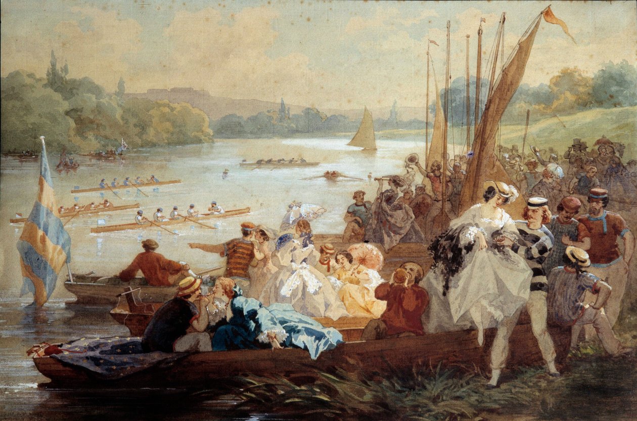 Regates Argenteuil Parisiens -piknikin sunnuntaina Seinen rannalla, jossa järjestetään soutukilpailuja. Antony Morlonin vesiväri (1834-1914) tekijältä Antony Paul Emile Morlon
