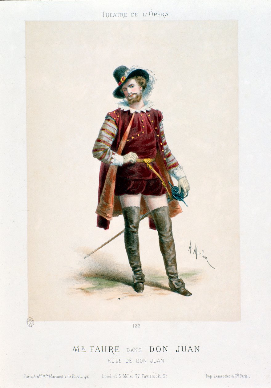 Laulaja Jean-Baptiste (Jean Baptiste) Faure (1830-1914) esittää Don Giovannin (Don Juan) Wolfgang Amadeus Mozartin (1756-1791) samannimisessä oopperassa esityksen aikana Pariisin oopperateatterissa. Antony Morlonin litografia (1834-1914) Colle tekijältä Antony Paul Emile Morlon
