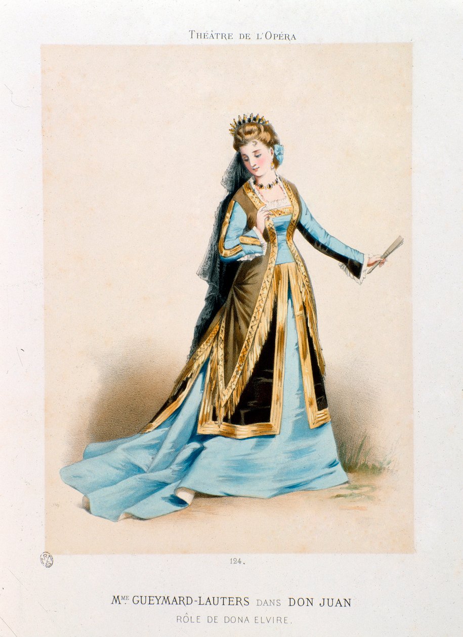 Laulaja Pauline Lauters-Gueymard (Lauters Gueymard) (1834-1876) esittää Dona Elviren Wolfgang Amadeus Mozartin oopperassa Don Giovanni (Don Juan) (1756-1791) esityksen aikana Pariisin oopperateatterissa. Antony Morlonin litografia (1834-1914) Yksityinen tekijältä Antony Paul Emile Morlon
