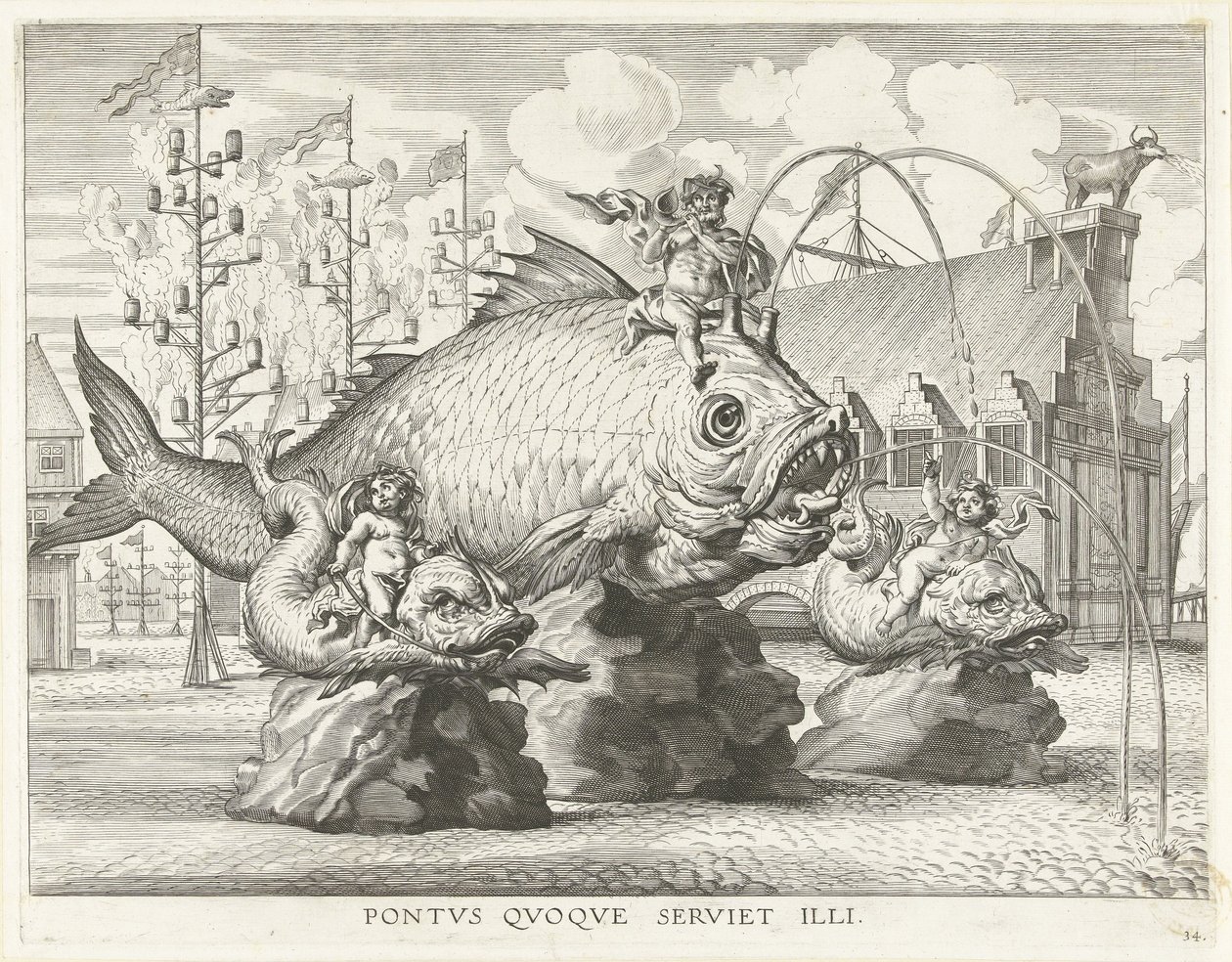 Näytelmä Tritonin kanssa jättimäisellä kalalla; Ferdinandin saapuminen Gentiin vuonna 1635 Pontvs Qvoqve servetti illi (otsikko esineessä) tekijältä Antony van der Does