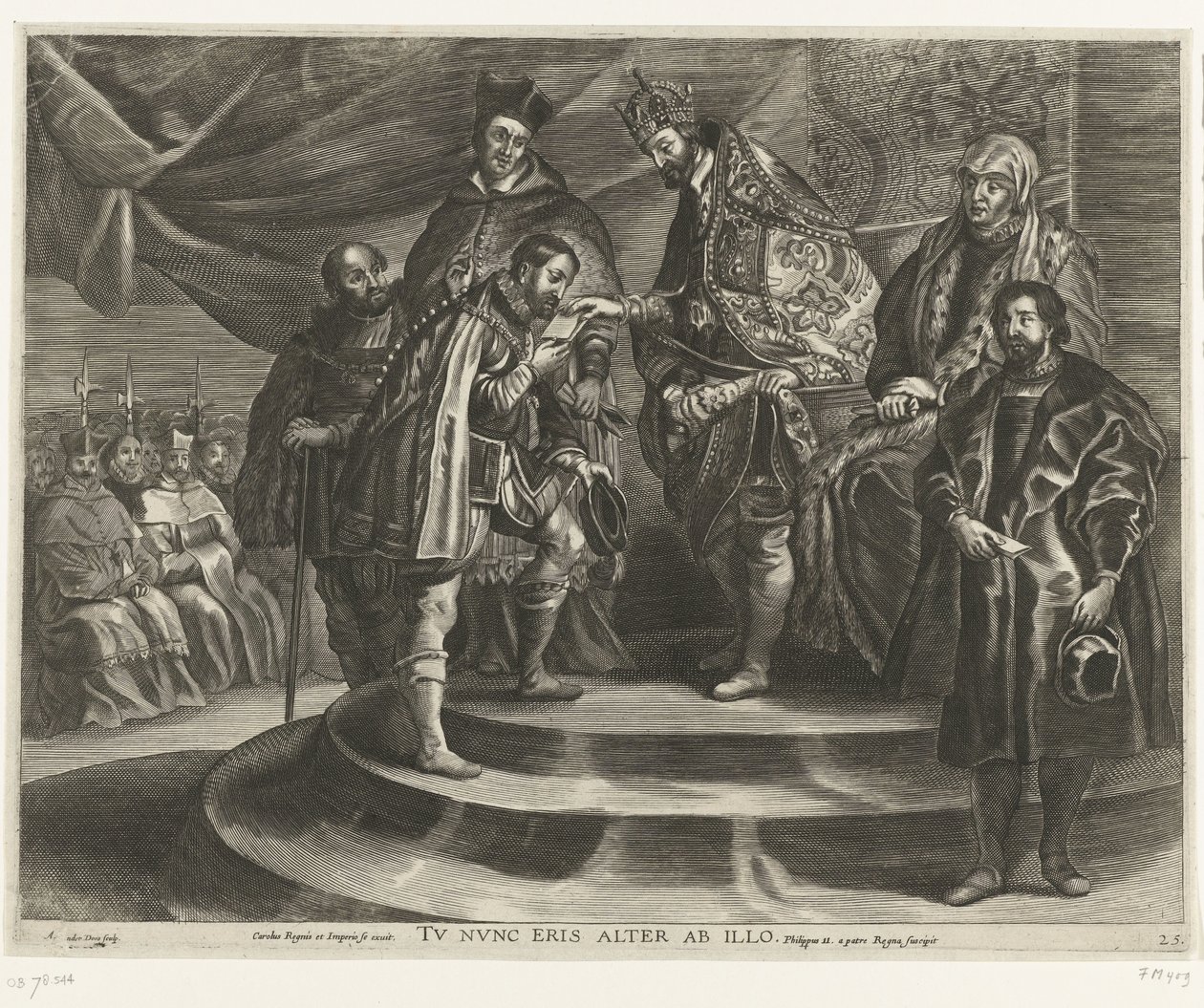 Troonsafsand van Karel V; intocht van Ferdinand te Gent vuonna 1635 (blad 25) Charles riisui itsensä valtakunnasta ja imperiumista / Sinä olet nyt hänelle toinen / Philip II ottaa Valtakunnan isältään (otsikko esineessä) tekijältä Antony van der Does