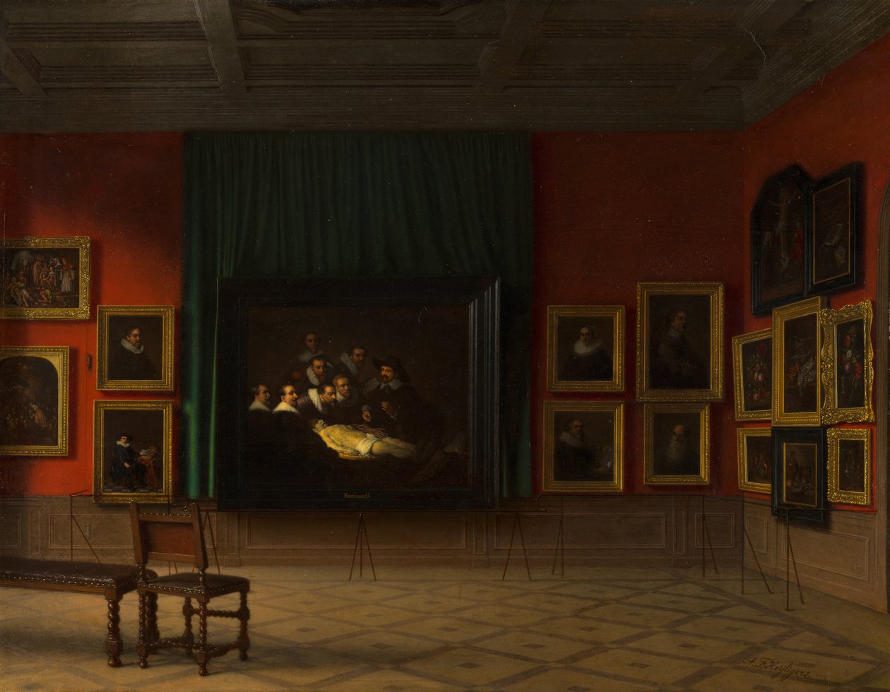 Interieur van de Rembrandtzaal vuonna Mauritshuis vuonna 1884 tekijältä Antoon Francois Heyligers