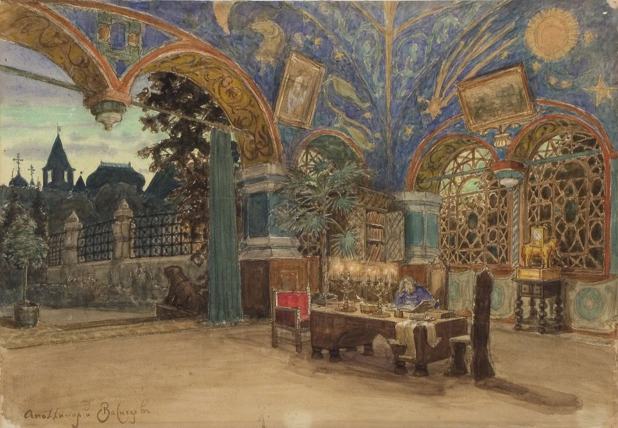 Prinssi Vasily Golitsynin ruokasali. Lavastus M. Musorgskin Khovanshchina-oopperaan, 1897 tekijältä Apollinari Mikhailovich Vasnetsov