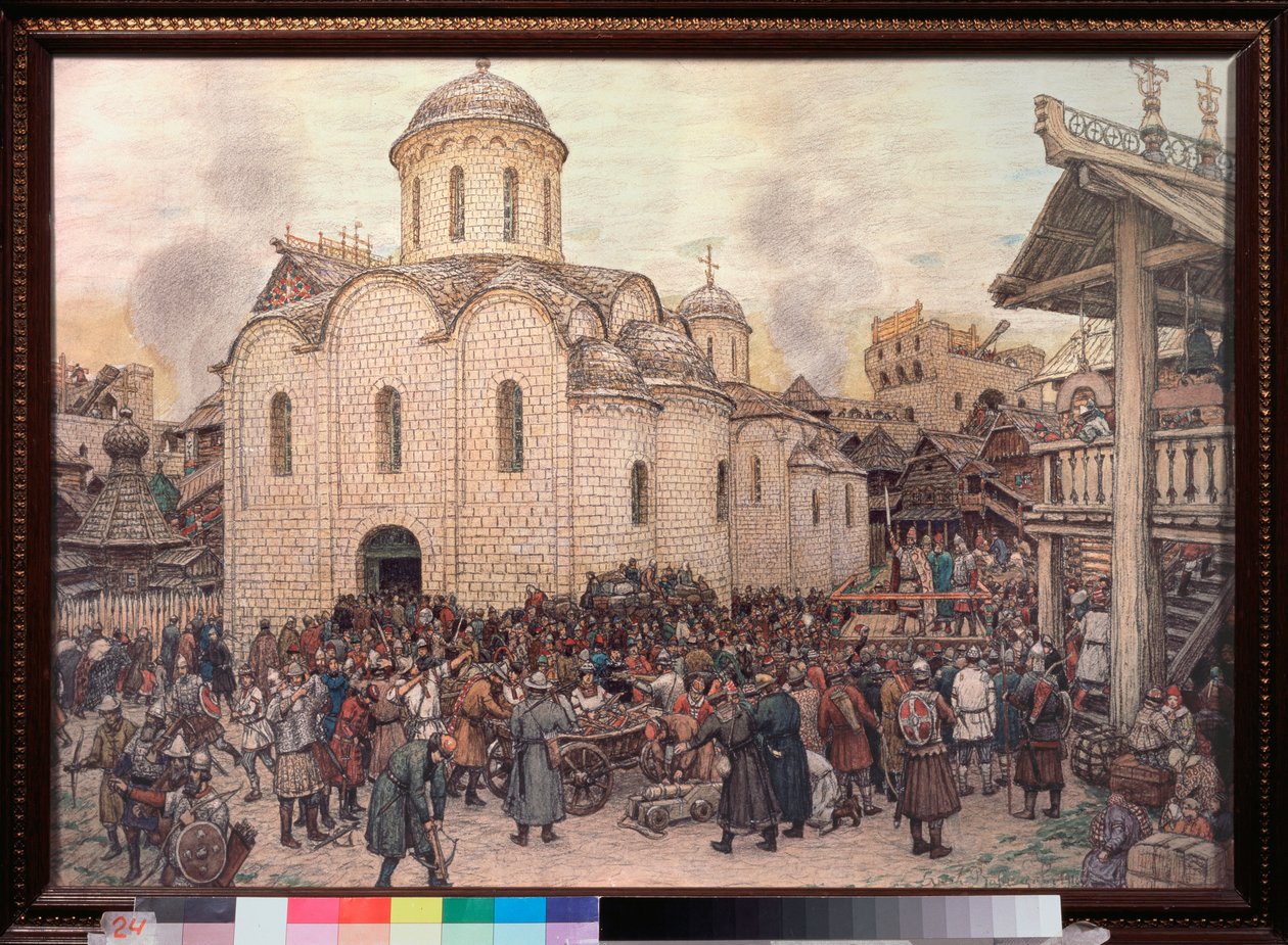 Khan Tokhtamychin (Toqtamych) hyökkäys Moskovaan (kuoli vuonna 1406), vuonna 1382 (Kultaisen lauman valloitus) - Appolinari Mikhaylovich Vasnetsovin (1856-1933) teos, akvarelli ja puuhiili paperille tekijältä Apollinari Mikhailovich Vasnetsov
