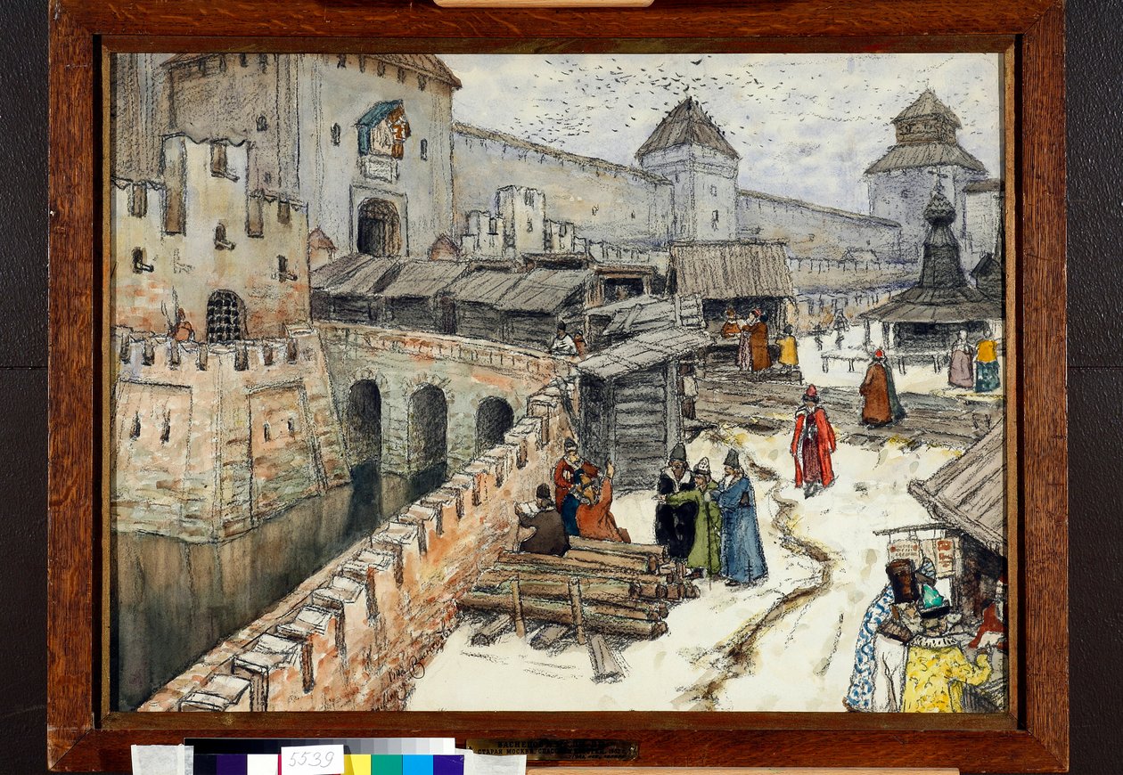 Moskova 1600-luvulla, kirjakauppiaat Kristus Vapahtajan sillalla - Appolinari Mykhaylovich Vasnetsovin (1856-1933) teos tekijältä Apollinari Mikhailovich Vasnetsov