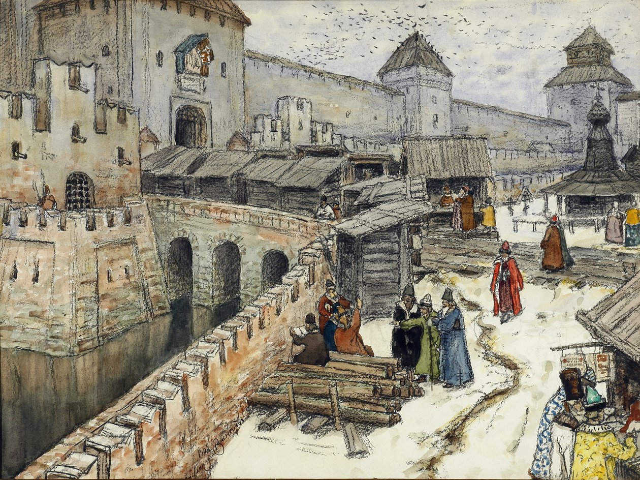 Moskova 1700-luvulla. Kirjakaupat Kristus Vapahtaja -sillalla, 1902 tekijältä Apollinari Mikhailovich Vasnetsov