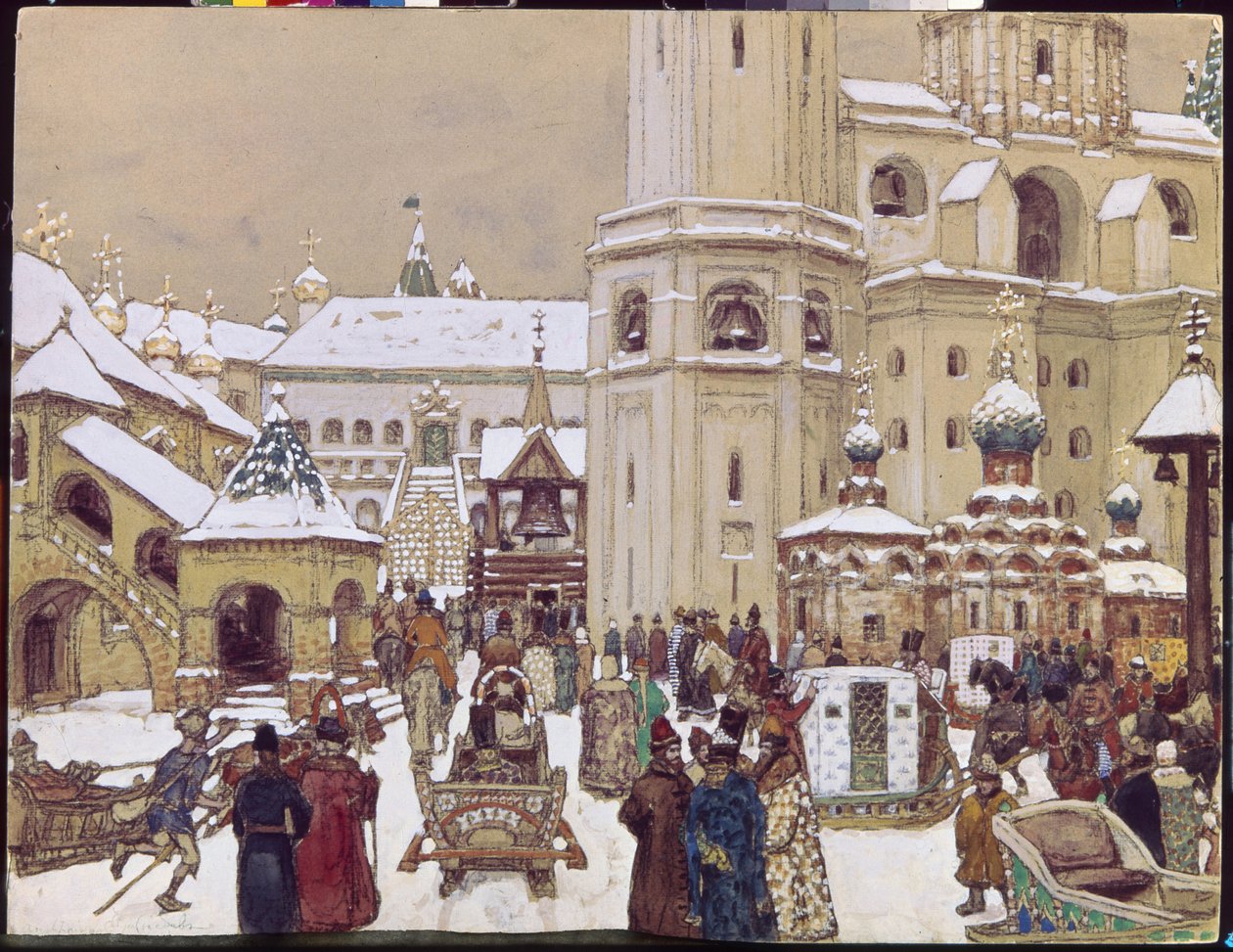Sijoita Ivan Suuri Kremliin 1600-luvulla. (Tuomiokirkon aukio, Moskova). Appolinari Mikhaylovich Vasnetsovin (1856-1933) työ, kynä ja akvarelli paperille tekijältä Apollinari Mikhailovich Vasnetsov