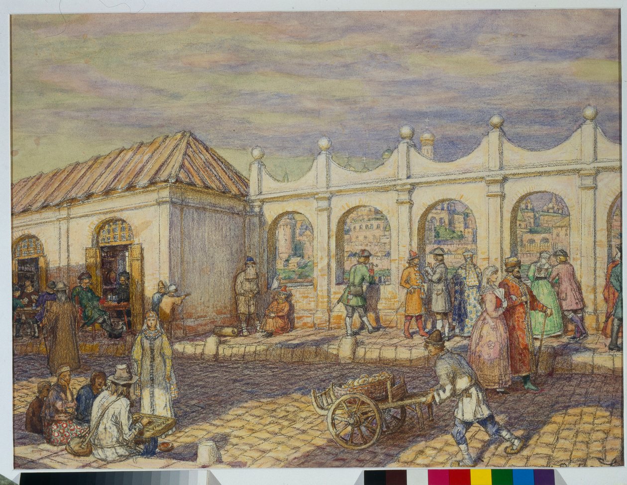 Katukuva Kivisillalla (Kaikkien pyhien silta) Moskovassa Pietari I Suuren aikaan (1672-1725) - Appolinari Mikhaylovich Vasnetsovin (1856-1933) taideteos tekijältä Apollinari Mikhailovich Vasnetsov