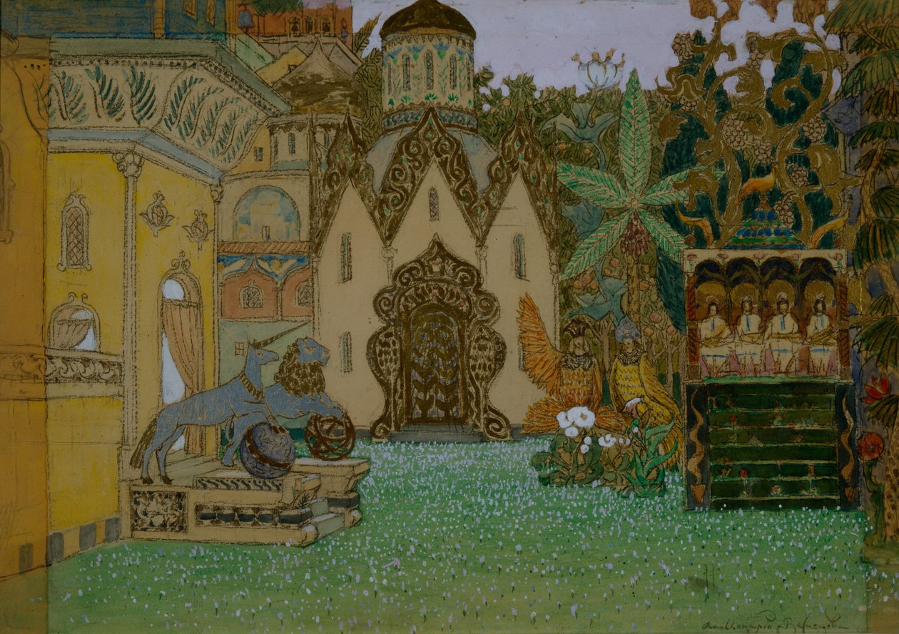 Lavastus N. Rimski-Korsakovin oopperaan Legenda Kitezhin näkymättömästä kaupungista ja Neitsyt Fevronia, 1907 tekijältä Apollinari Mikhailovich Vasnetsov