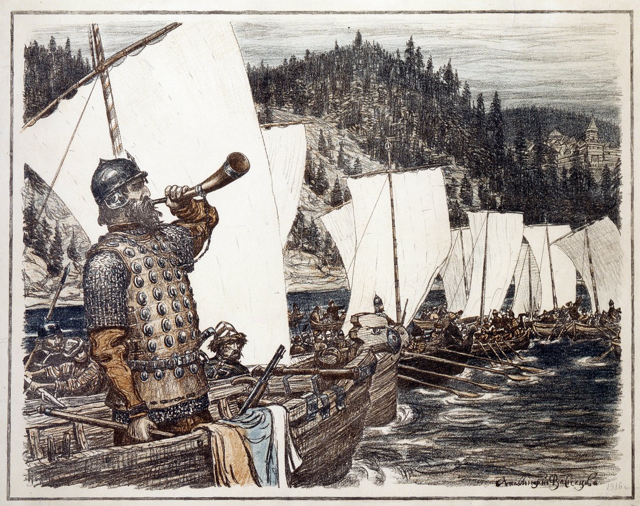 Yermak Timofejevitš (noin 1540-1585) Irtysh-joella. (Jermak Timofejevitš Irtyshillä). Jakso Siperian tutkimisesta ja valloituksesta, 1583. Appolinari Mikhaylovich Vasnetsovin (1856-1933) teos, litografia 1916. Venäläinen taide, 20. tekijältä Apollinari Mikhailovich Vasnetsov