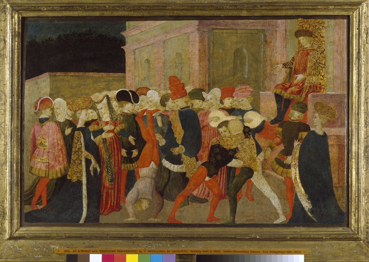 Akrobaatti ja painijat esiintymässä, 1400-luku (tempera paneelille). tekijältä Apollonio di Giovanni di Tommaso