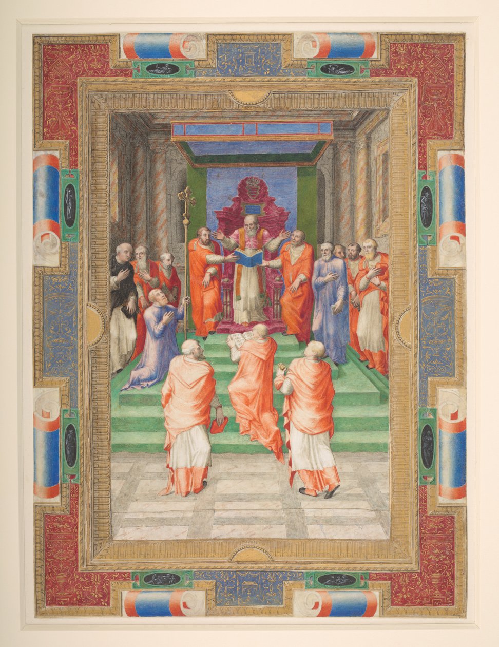 Paavin seremonia, Paavali IV seisoo paavin valtaistuimen edessä, Add. MS 35254 Q, n. 1555-59 (vellum) tekijältä Apollonio di Bonfratelli