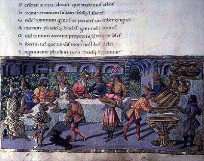 Ms 492 f.75 Bankettikohtaus Aeneidasta (pergamentti). tekijältä Apollonio di Giovanni di Tommaso