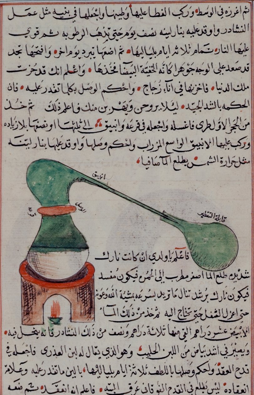 Lisää 25724 fol.36 Tislausprosessi julkaisusta "Viisi arabialaista traktaattia alkemiasta" (vellum) tekijältä Arabic School
