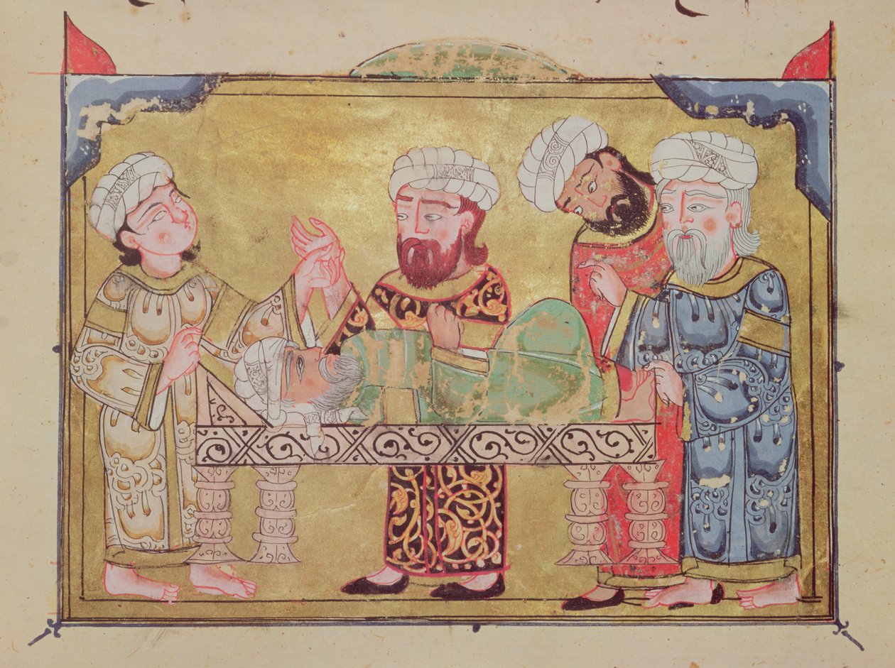 Lääkärit vierailevat hänen potilaansa luona, kohtaus Al-Haririn Maqamatista (guassi vellum) tekijältä Arabic School
