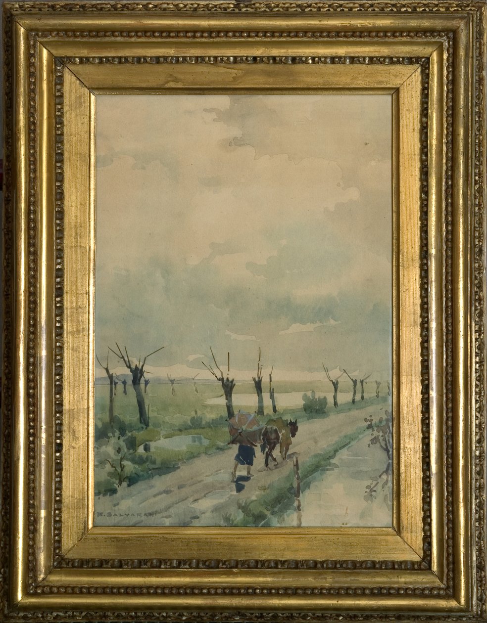 Maisema ja ihmisiä 1918-19 (akvarelli hiilipiirustukseen) tekijältä Arcangelo Salvarani