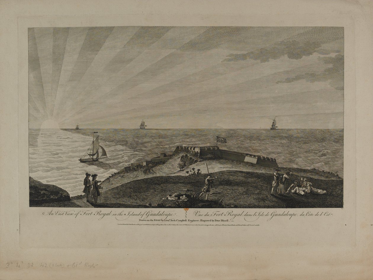 Itänäkymä Fort Royalista Guadeloupen saarella, kaiverrettu Peter Mazell (fl.1761-97), julkaistu noin 1759 tekijältä Archibald Campbell