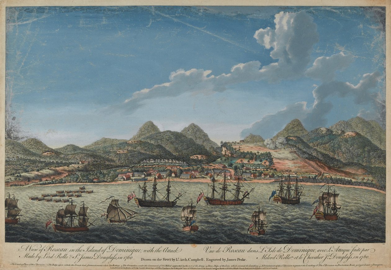 Benazechin kaiverrettu näkymä Dominiquen saarella sijaitsevasta Roseausta, jossa on lordi Rollon (1703-65) ja sir James Douglasin (1703-87) vuonna 1760 tekemä hyökkäys, julkaistu vuonna 1761. tekijältä Archibald Campbell