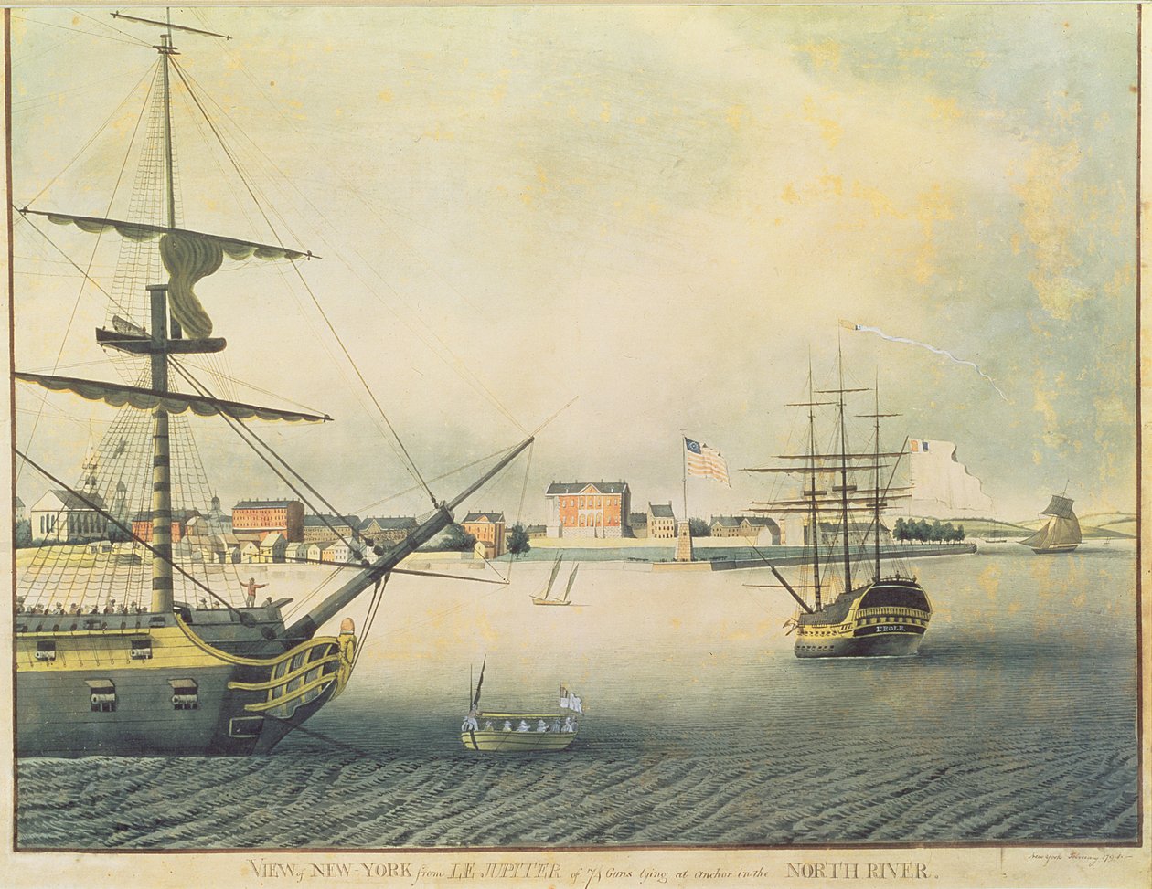 New Yorkin näkymä "Le Jupiterista" 74 aseen ankkurissa North Riverissä, 1794 tekijältä Archibald Robertson