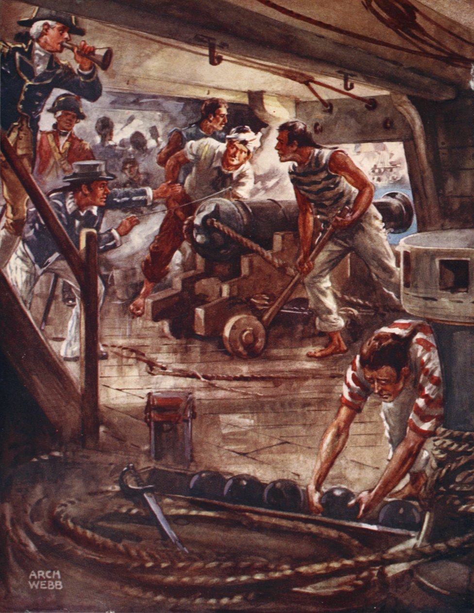 Jokainen ase päättäväisiltä huuliltaan levitti kuoleman varjon laivojen ympärille, julkaisusta Ballads of Famous Fights, ensimmäinen painos, 1920 tekijältä Archibald Webb