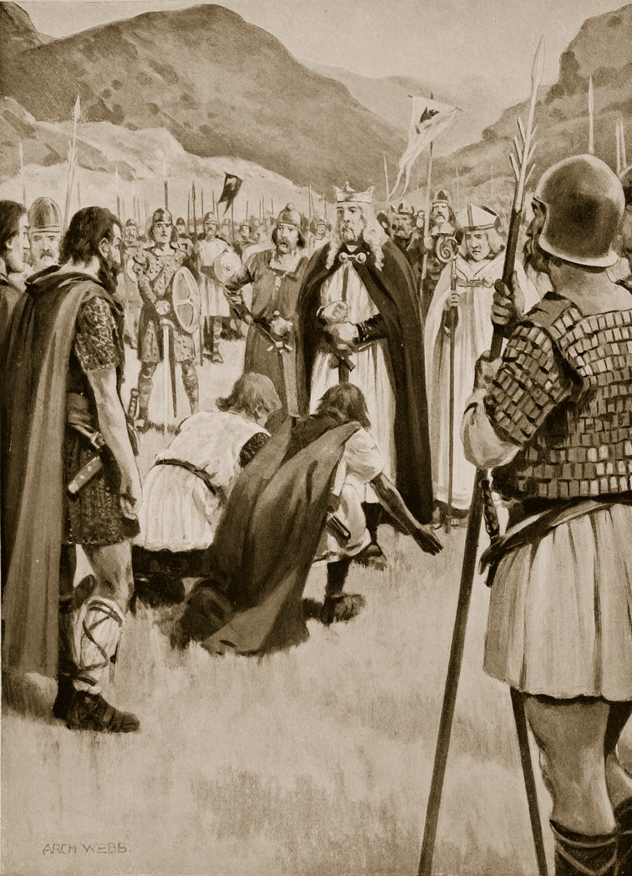 Dacorin neuvosto, 926, jolloin Athelstan ajoi pois Guthfrithin, Tanskan Northumbrian nuoren kuninkaan, esimerkki "Hutchinsonin tarinasta brittiläisestä kansasta", n. 1923 tekijältä Archibald Webb