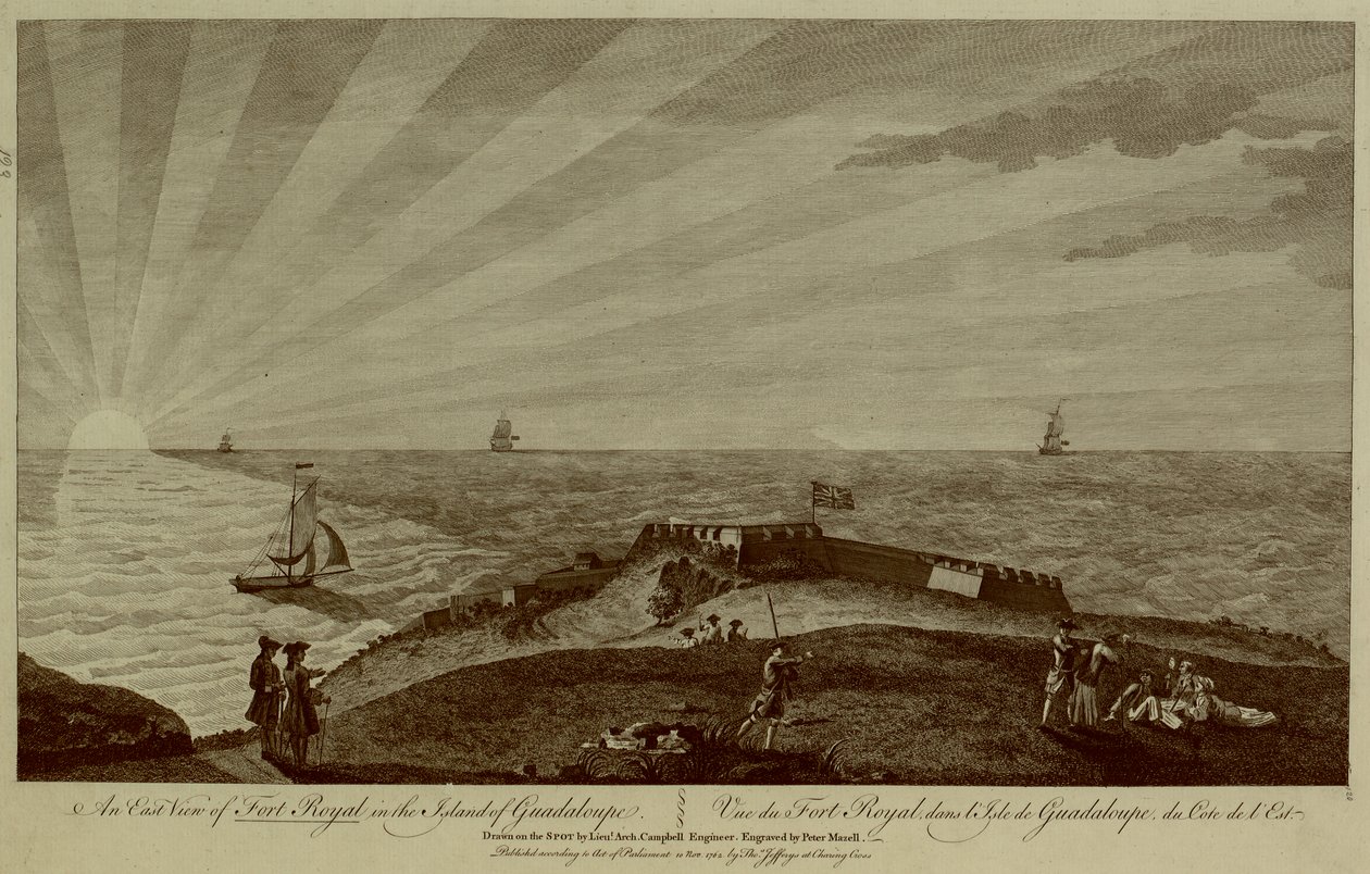 Joukko sotilaita lepää etualalla kukkulan päällä, takana Fort Royal, taustalla purjelaivoja ja mereen laskevaa aurinkoa tekijältä Archibald (after) Campbell