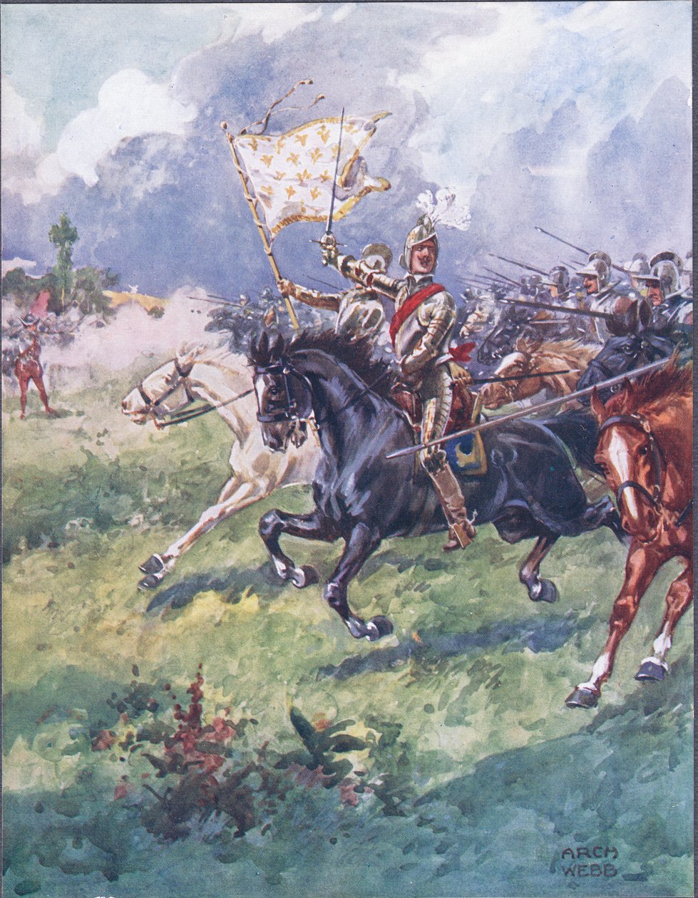 Tuhat ritarit painautuvat tiiviisti perässä, kuvitus teoksesta Ballads of Famous Fights, n. 1900 tekijältä Archibald Webb