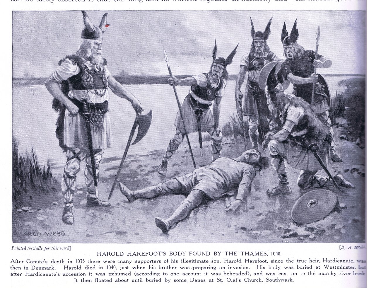 Harold Harefootsin ruumis löytyi Thamesista AD1040, 1920-luku tekijältä Archibald Webb