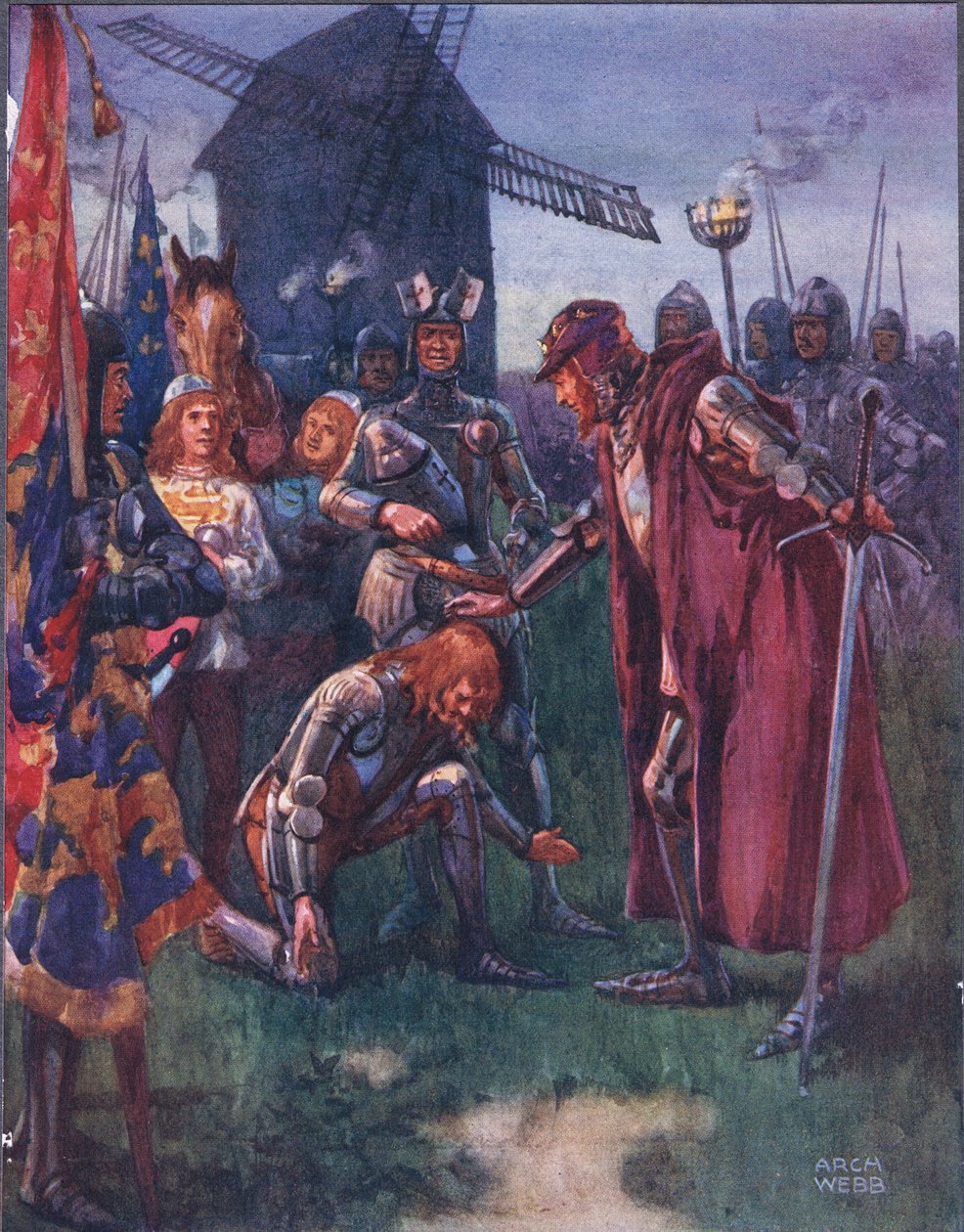 Prinssi Isälleen polvistuu nöyrästi: Hänen on taistelu - hänen kokonsa! kuvitus teoksesta Ballads of Famous Fights, n. 1900 tekijältä Archibald Webb