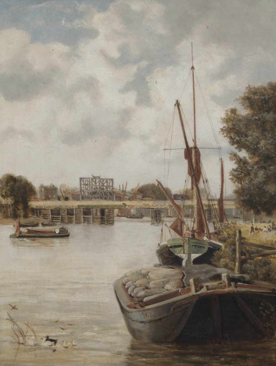 Nykyinen rakenteilla oleva Hammersmithin silta, jossa näkyy väliaikainen silta, 1886 tekijältä Archibald Webb