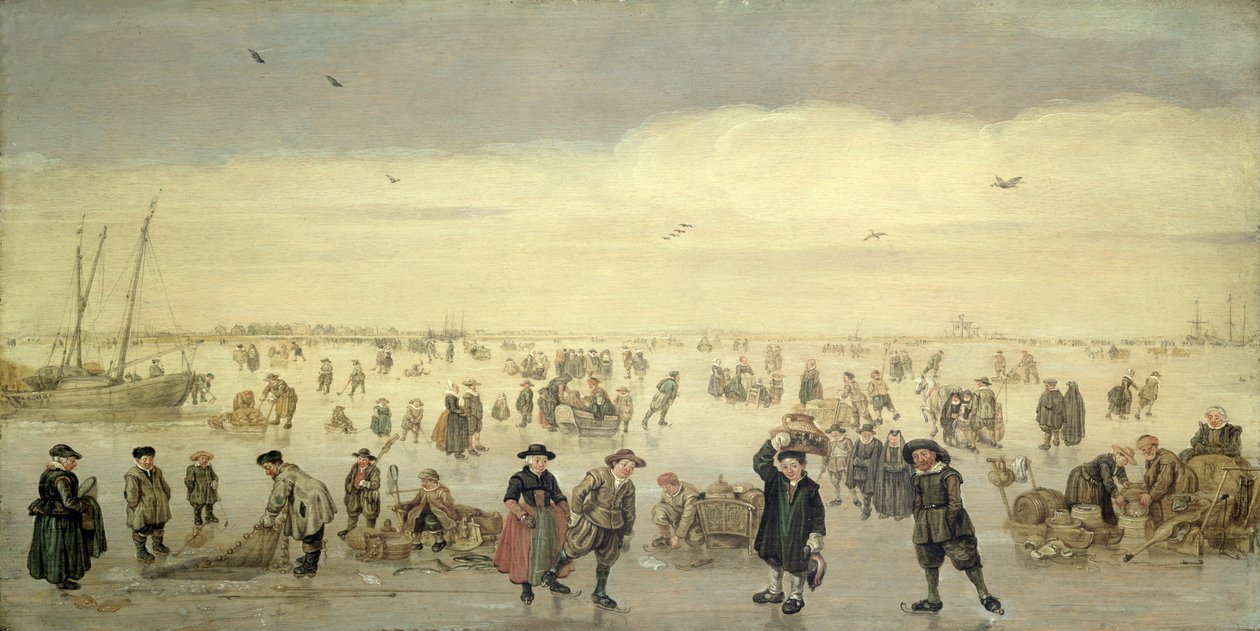 Talvikohtaus lukuisilla hahmoilla jäällä, n. 1600-31 (öljy paneelissa) tekijältä Arent Arentsz