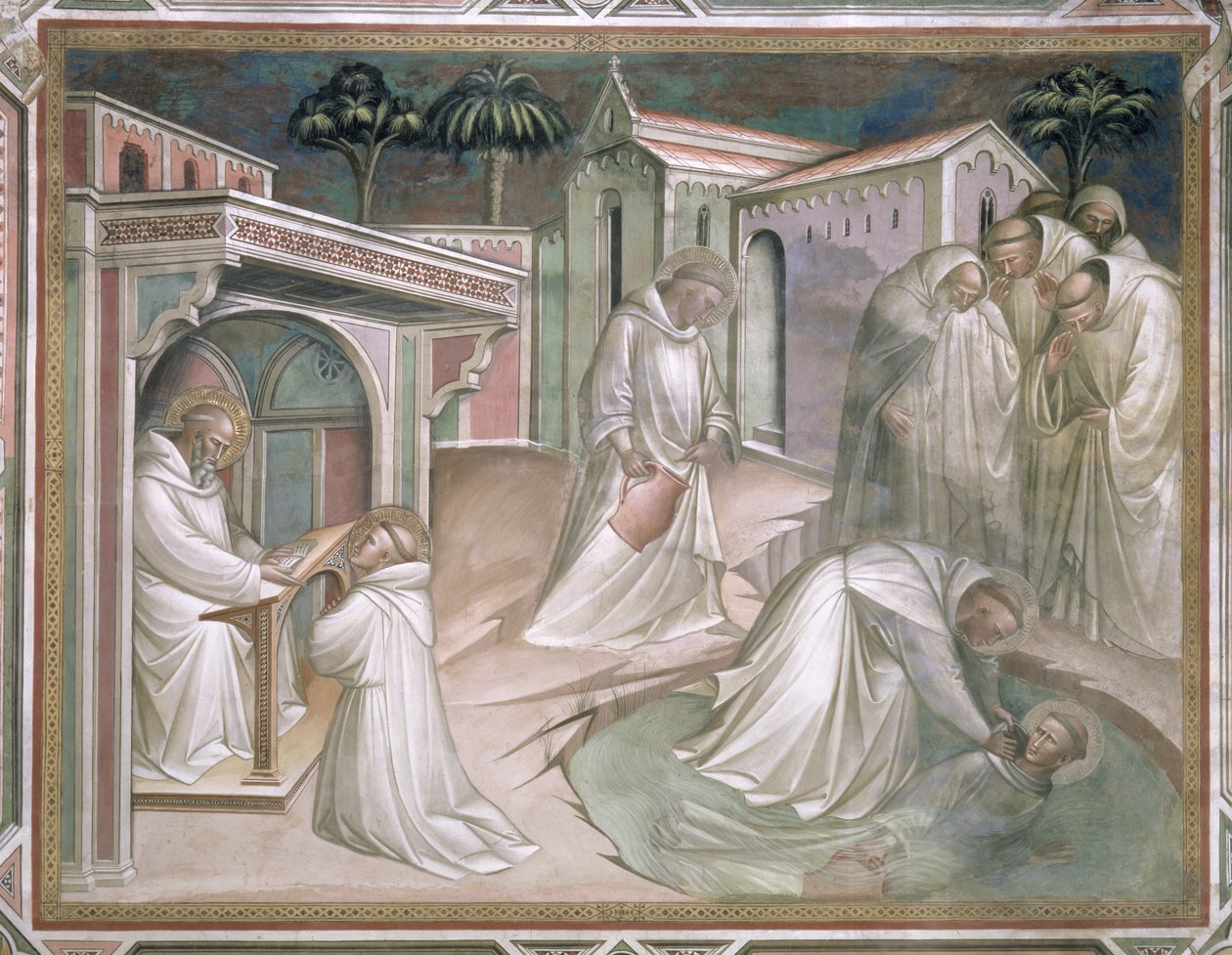 Maurus pelastaa Placiduksen, yksityiskohtaisesti Pyhän Benedictuksen (noin 480-550) elämä sakristossa, 1387 tekijältä Aretino Luca Spinello or Spinelli