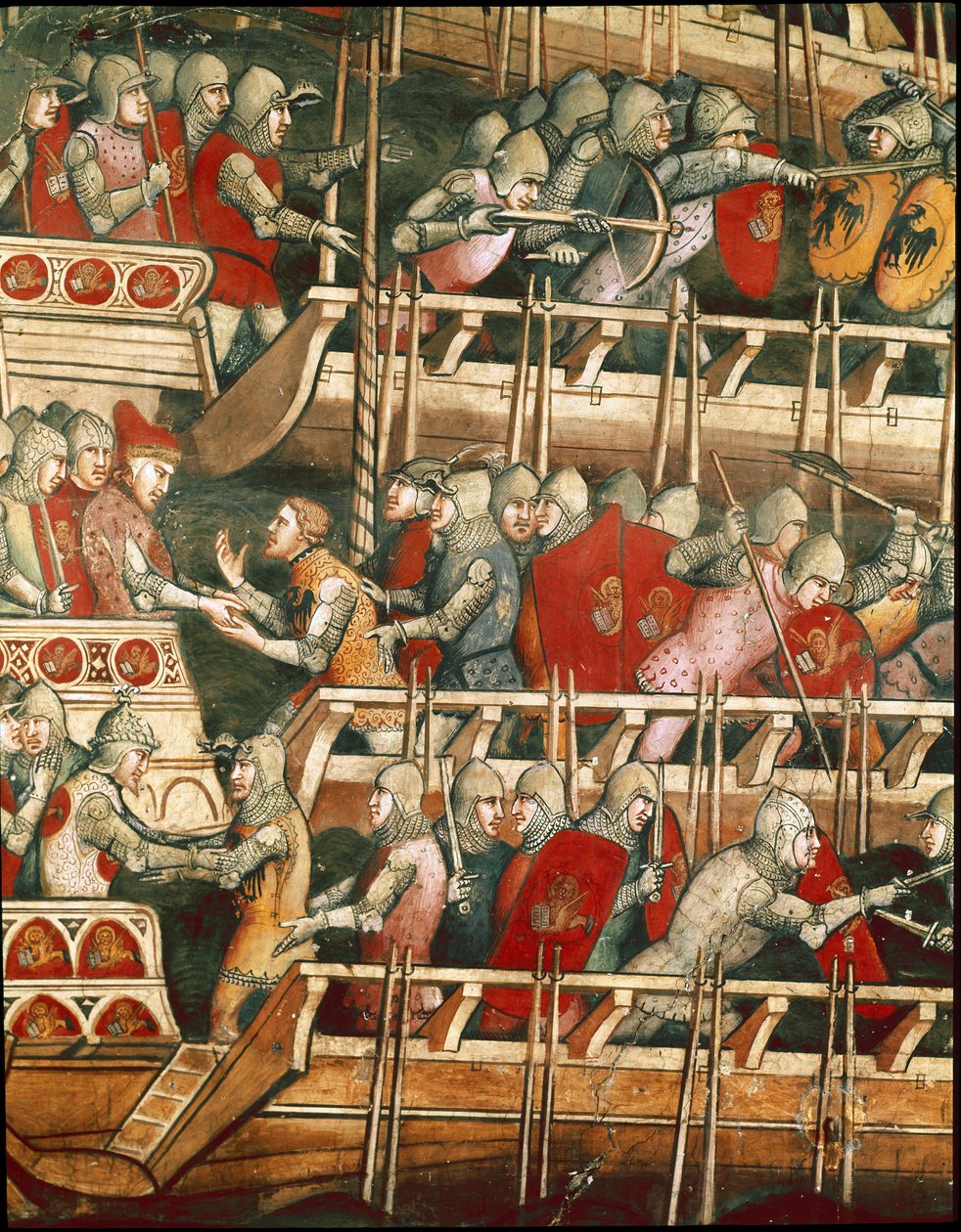 Meritaistelu Punta Salvoressa Triestenlahdella. Yksityiskohta panttivankien vaihdosta (Fresco tekijältä Aretino Luca Spinello or Spinelli