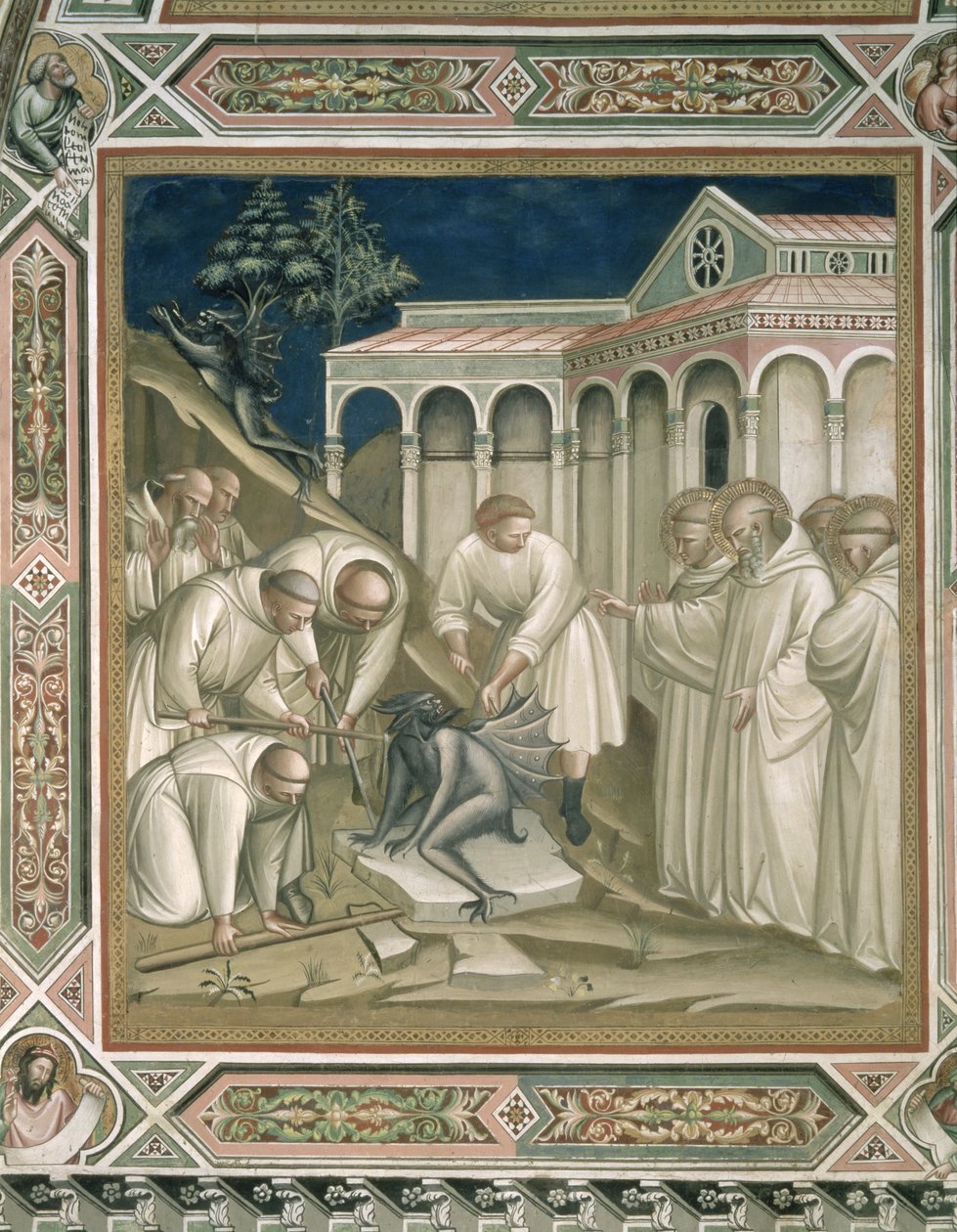 Raskas kivi, yksityiskohta Pyhän Benedictin elämästä (n. 480–550), sakristossa, 1387 tekijältä Aretino Luca Spinello or Spinelli