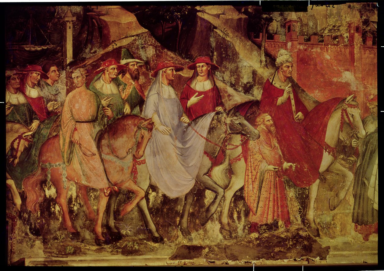Paavi Aleksanteri III:n (1105-81) historia: Paavin ja keisari Frederick Barbarossan (n. 1123-90) saapuminen Roomaan, 1407 (yksityiskohta) tekijältä Aretino Luca Spinello or Spinelli