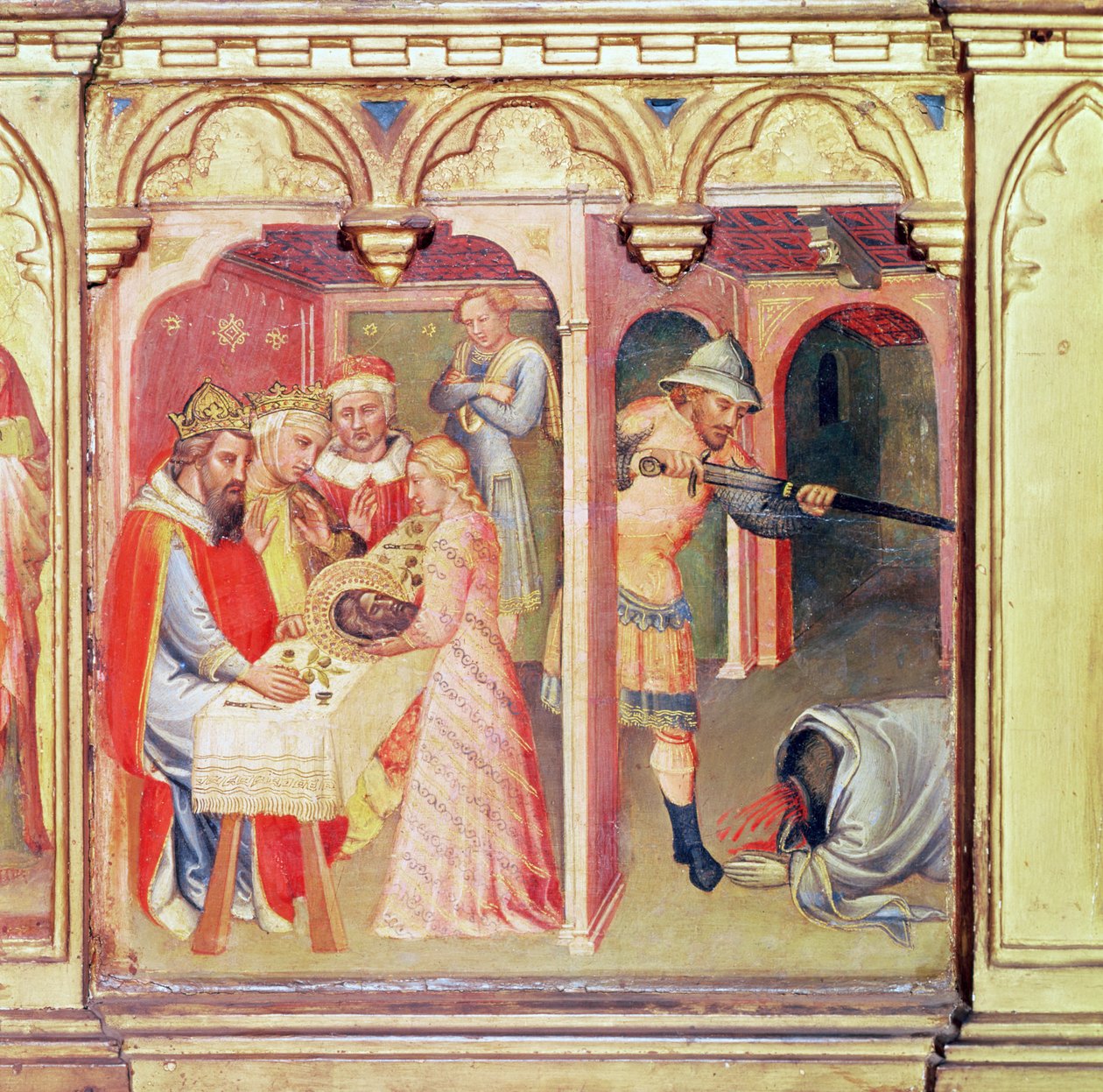 Pyhän Johannes Kastajan marttyyrikuolema, Predella-paneeli St. Nemesiuksesta ja Pyhä Johannes Kastaja tekijältä Aretino Luca Spinello or Spinelli
