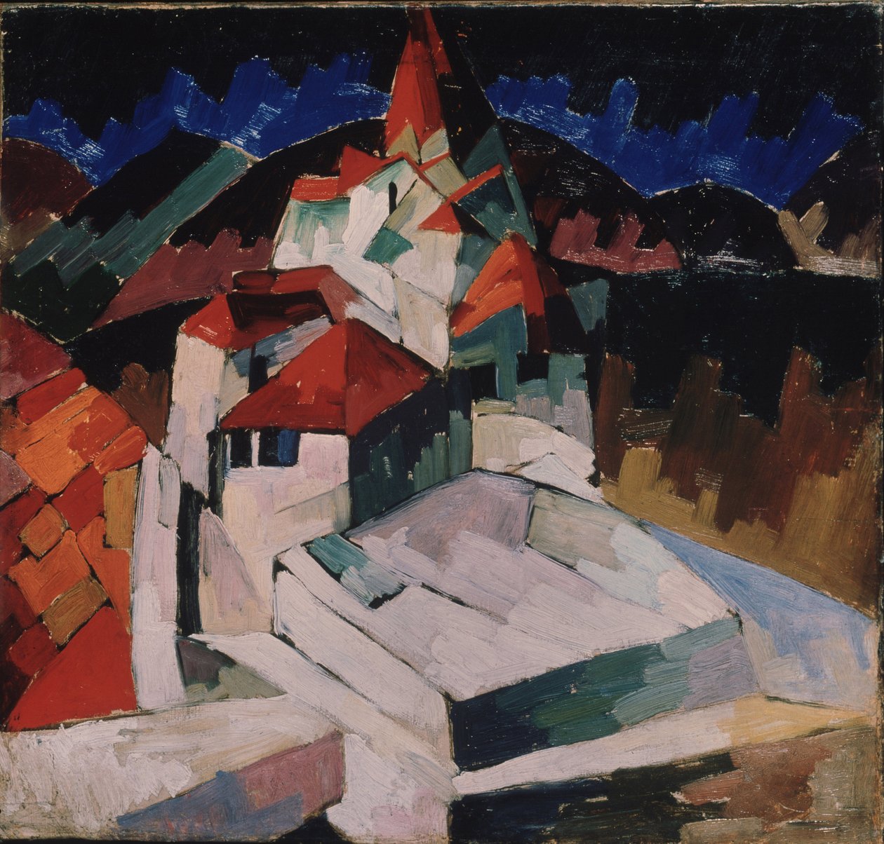 Kirkko Kislovodskissa (Pohjois-Kaukasus, Venäjä) (Kislovodskin kirkko). Kubistinen kuvaus uskonnollisesta rakennuksesta maisemassa. Aristarkh Vasilijevitš Lentulov (Lentulov) (1882-1943) maalaus, öljy kankaalle tekijältä Aristarkh Vasilievic Lentulov